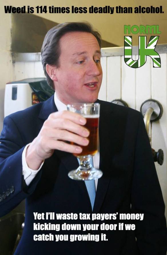 David Cameron drinking a beer which is more dangerous than pot. 